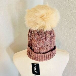 KYI KYI Faux Fur Pompom Classic Wool Beanie Hat, Natural/Cream, One Size, NWT